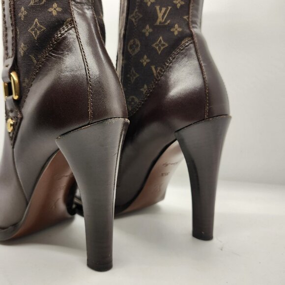 LOUIS VUITTON Brown Leather Mini Lin Jodie Monogram Ankle Boots, Size 35.5 5.5 - Picture 9 of 16